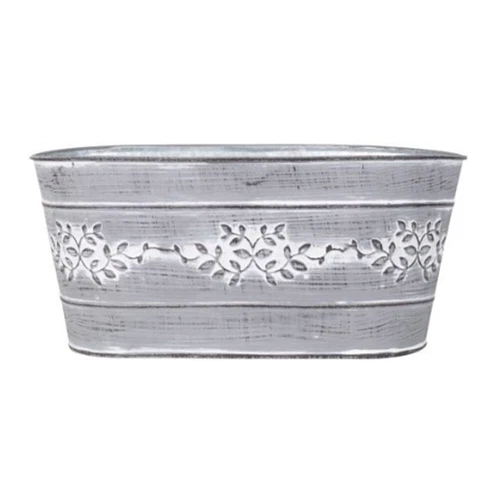 Grey Tin Trough Planter, Leaf Design, Zinc Finish, 26.5cm, Distressed Metal Look