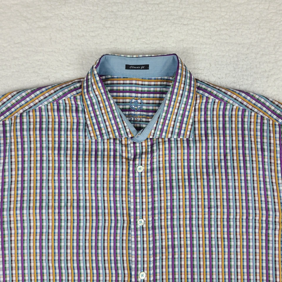 Bugatchi Uomo Shirt Mens 2XL XXL Purple Blue Green Plaid Classic Dress Button Up - Image 3 of 4