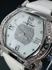Working Ice Time Women Large White Leather Watch Iced Out w/ GenuineDiamonds F1