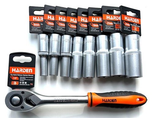 HARDEN hex deep Socket Set, 1/2", Sizes 8-24mm, ratchet handle soft grip