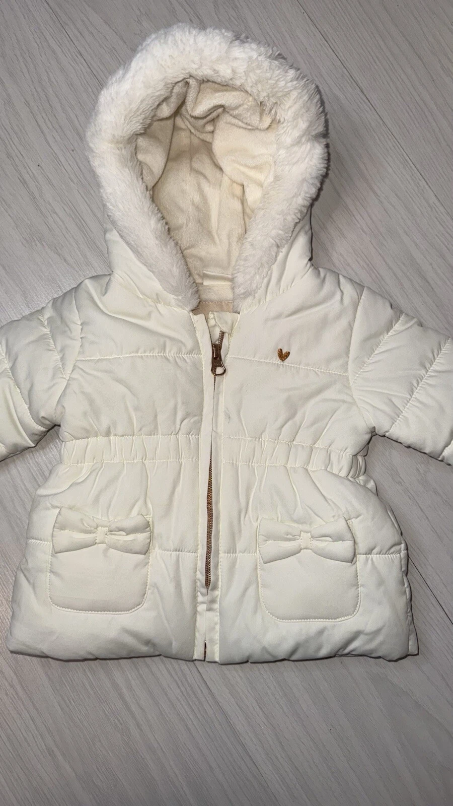 OFF WHITE Next Baby taglia 3 6 mesi giacca cappotto con cappuccio bianco sporco crema