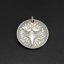Antiqued Sterling Silver Detailed Bald Eagle Front Head Coin Round Charm Pendant