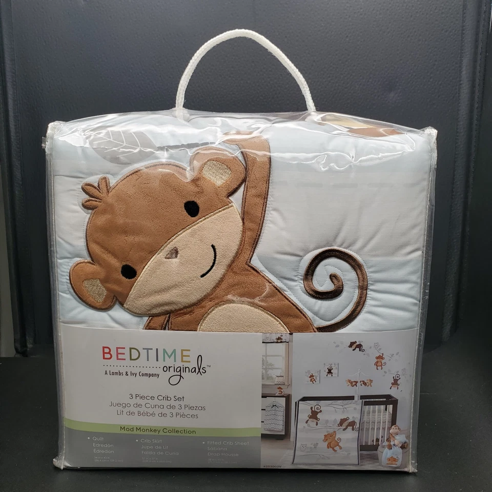 Juego de ropa de cama de cuna de bebé de 3 piezas Lambs & Ivy cosquillas mono selva NUEVO Foto 3 de 4