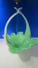 Vintage Hand Blown (Murano?) Glass Basket Green And White Cased Glass 9"