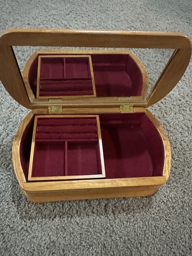 Vintage Jewelry Box Mele Burl Wood Red Velvet Lined
