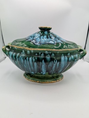 Vintage Art Nouveau Verdigris California Art Majolica Drip Art Pottery Tureen