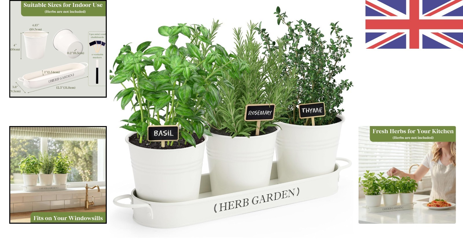Chic Farmhouse Indoor Herb Garden Planter Set with Drainage Tray - Off White
