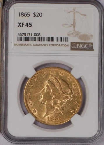 1865 Gold Liberty Head $20 NGC XF45. P.Q. Civil War Year. Great luster.
