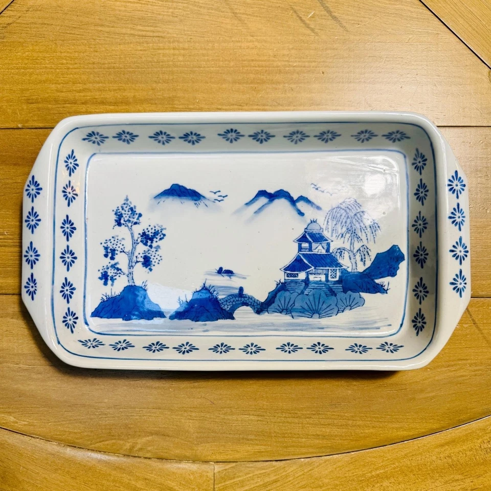 Asian Pagoda Design Vintage Blue and White Porcelain Serving Tray Japanese Dish - Image 3 of 4