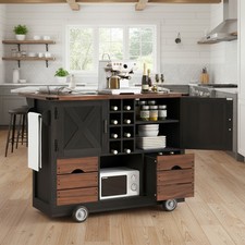 K&K 54" Farmhouse Kitchen Island with Drop Leaf, Power Outlet, Kitchen Storage