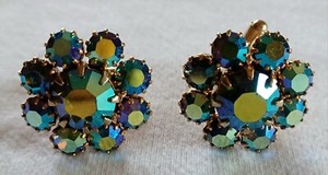 Vntg Cufflinks Aurora Borealis Blue Green Rhinestone Cluster Women Men Unicex