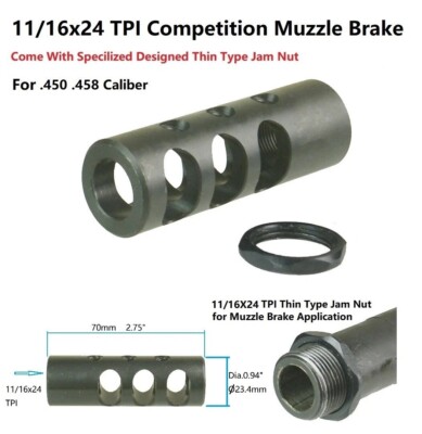 11/16''x24 11/16-24 TPI Competition Steel Muzzle Brake With Thin Type Jam Nut