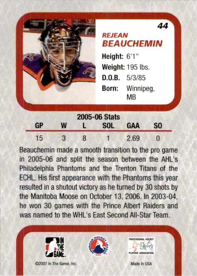2006-07 In The Game Between The Pipes Rejean Beauchemin #44 - Image 2 of 2