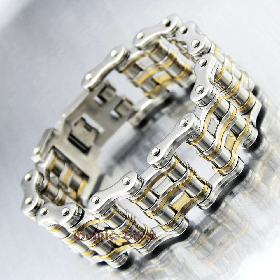 Brazalete de eslabones de cadena de acero inoxidable sólido pesado para motocicleta bicicleta plata/dorado para hombre Foto 4 de 4
