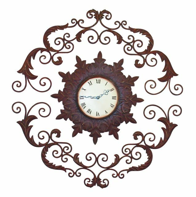 Scroll Medallion Wrought Iron Wall Clock Open Metal Brown Ornate Floating Dial