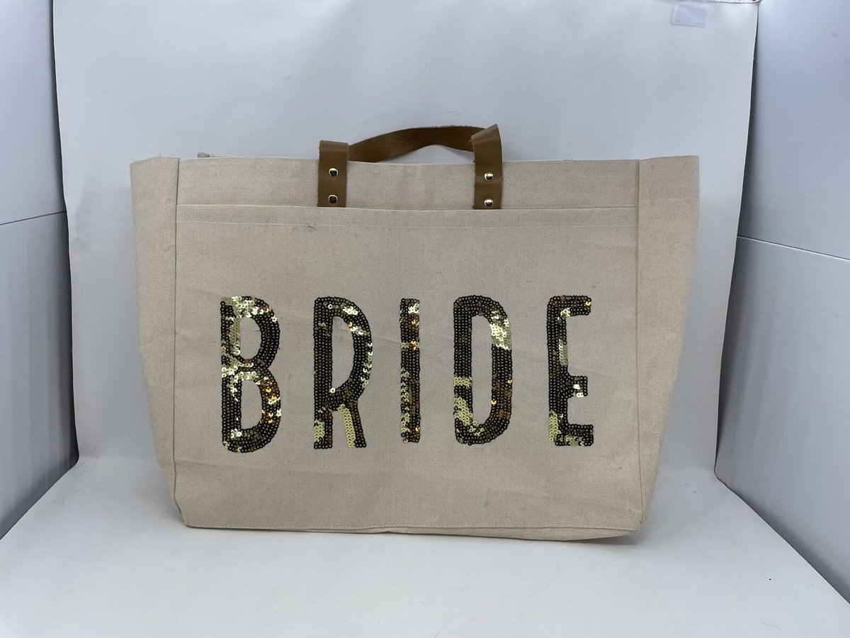 Mud Pie Bride Gold Sequin Tote Canvas Jute Shopping Bag Purse