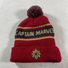 Captain Marvel Beanie Red Pom Pom Knit Hat Winter Cap Warm Soft Headgear Smooth