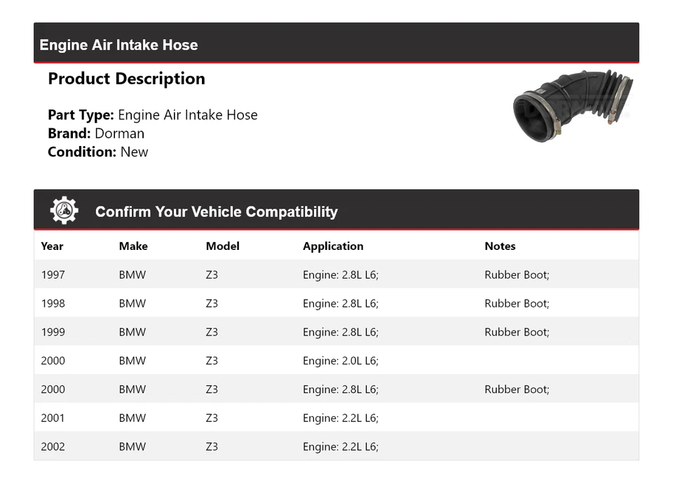 Manguera de admisión de aire para motor BMW Z3 Dorman 1997-2002 1998 1999 2000 2001 Foto 2 de 4