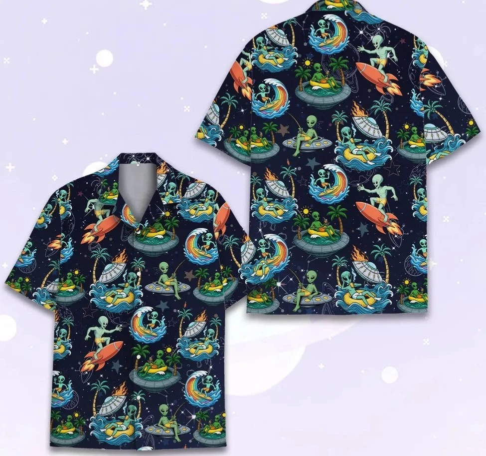 Funny Alien Hawaiian Shirt for Men Women Youth, Surfing UFO Beach Vacation Shirt