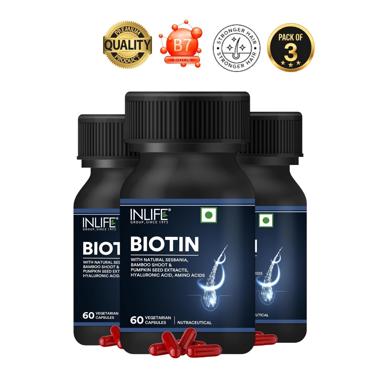 3 Pack IN.LIFE Biotin Herbs 60 Veg Capsules Support