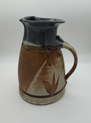 Rustic Leaves Blue Brown Speckled Heavy Studio Art Pottery Pitcher Signed 9"
