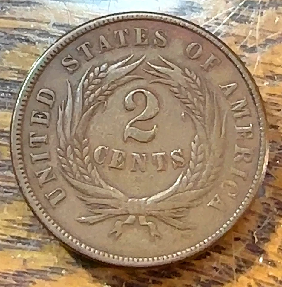 1865 Plain 5 Two Cent Piece Super Original Choice XF Die Break + Rim Cud CHRC - Image 2 of 2