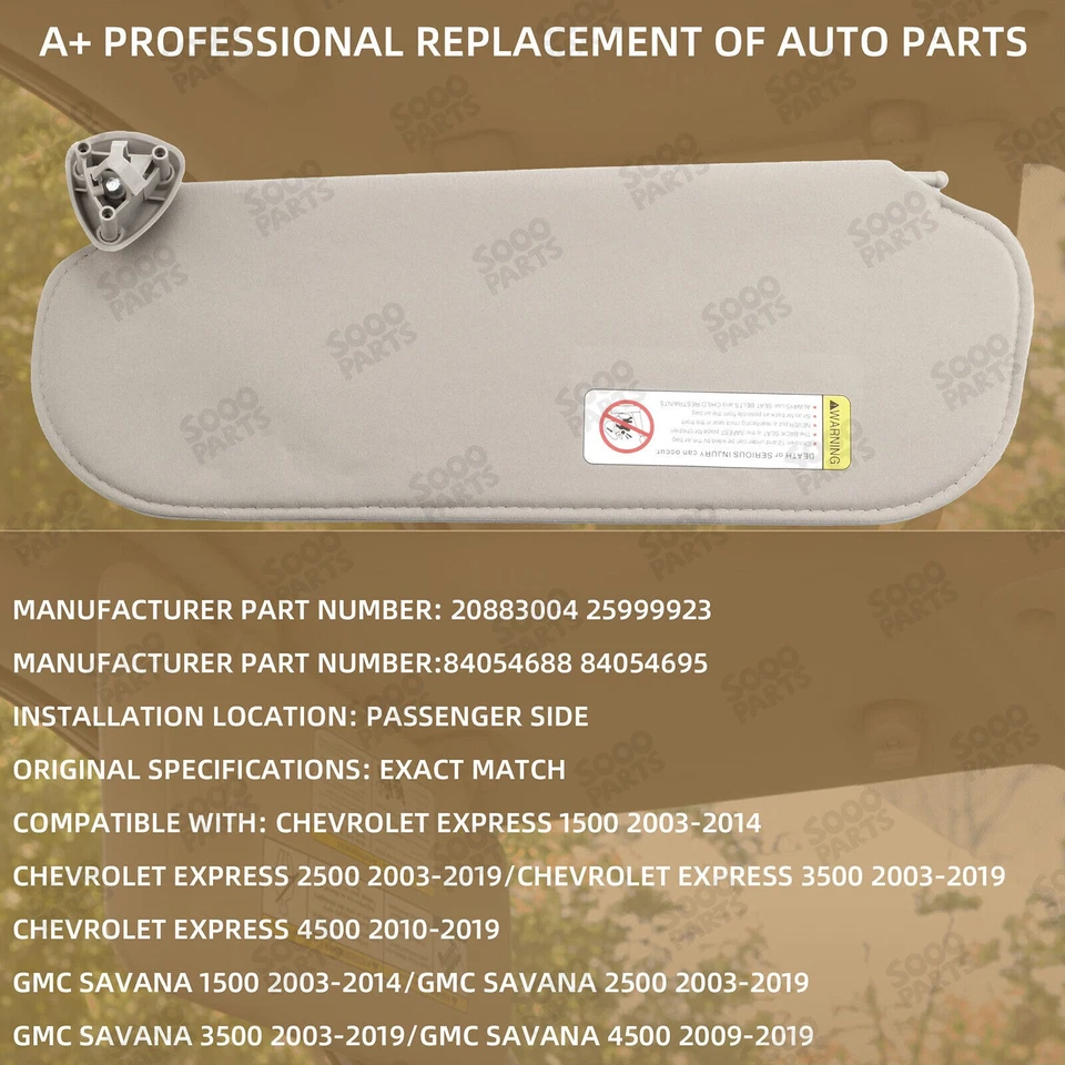 Right Side Sun Visor w/o Mirror Light For 1999-2019 Chevrolet Express GMC Savana Foto 2 de 4