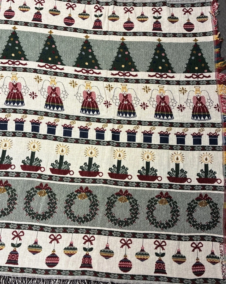 Vtg Crown Crafts Christmas Throw Blanket Tree Wreaths Ornaments Angels NWT 48x60