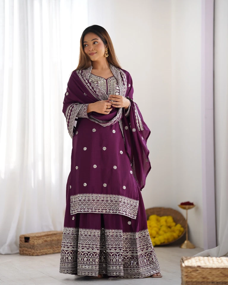 Ethnique Vêtement Vert Chinon Soie Kurta Palazzo Avec Dupatta Pour Femme & - Photo 2/4