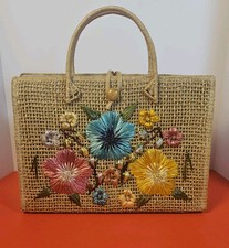 Vintage Straw Bag Rattan Woven Floral Purse Tote By Cabana