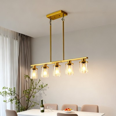 37'' Gold Pendant Light 5 Lights Clear Glass Metal Height Adjustable Chandelier