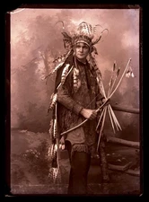 Large Glass Negative Studio Portrait Man in Nisqually Native American Dress 1890
