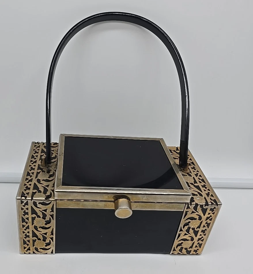 Rare Vintage Tyrolean NY 1930s Lucite Box Black Metal Purse Filagree Handbag - Image 3 of 4