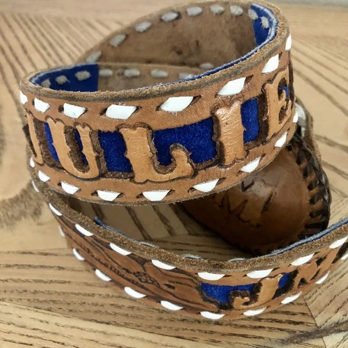 Vtg Leather Hand Tooled Western Belt Name Julie Hippie Cowgirl Size 33 Floral