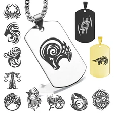 Stainless Steel Tribal Zodiac Astrology Horoscope Sign Dog Tag Pendant Necklace