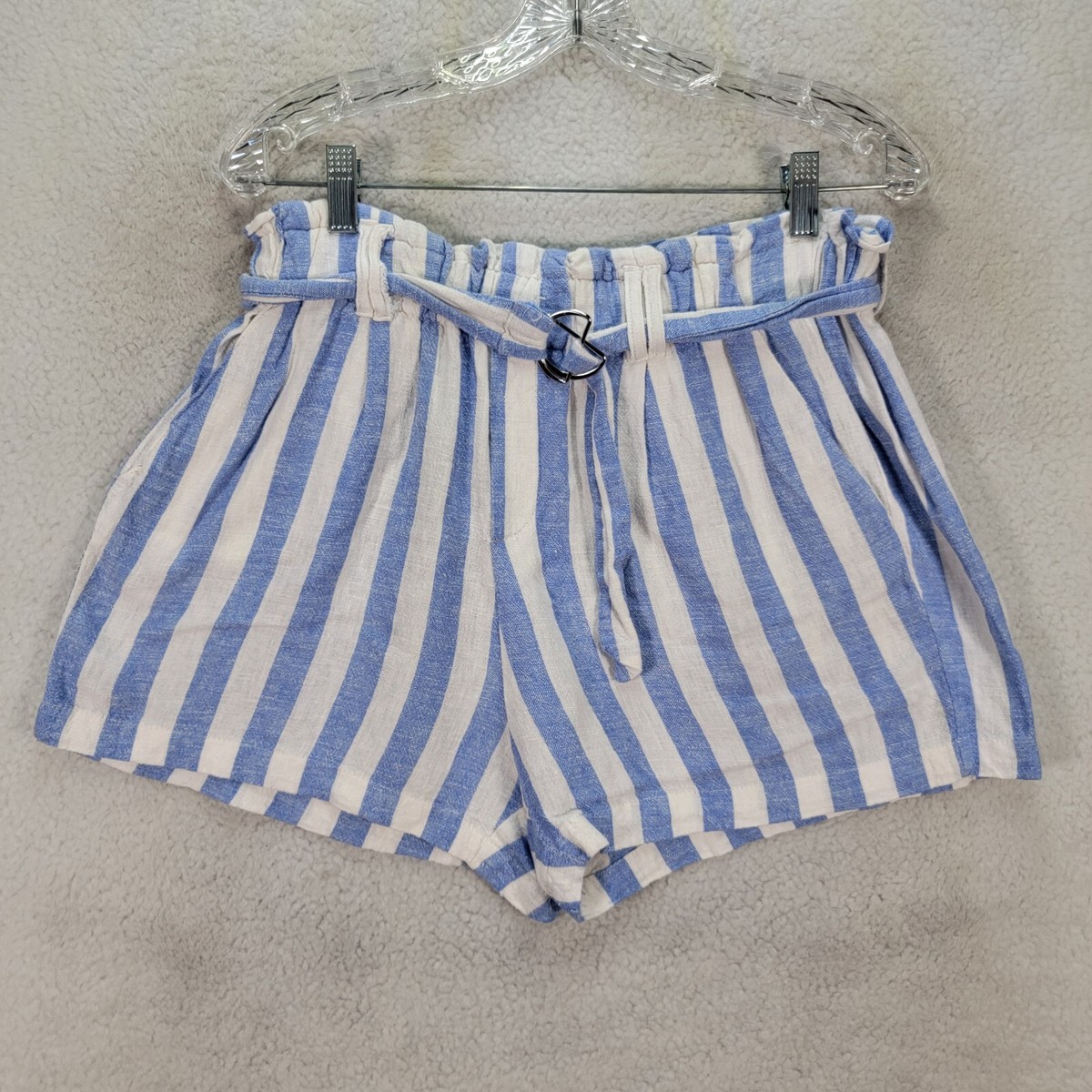 Love Tree Women Shorts Size L Blue Striped Linen Blend Belted High