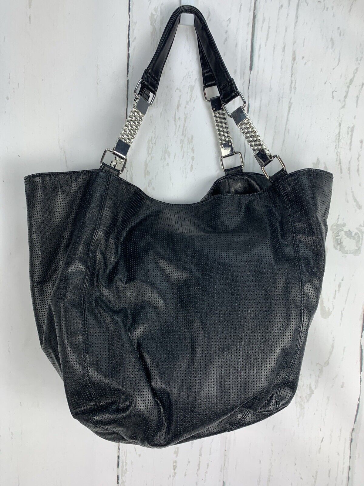 NWT Latique Black Faux Leather Perforated Soft Hobo Purse $98