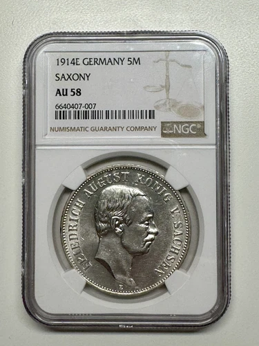 GERMANY SAXONY FREIDRICH AUGUST 1914-E  5 MARK SILVER COIN, NGC CERTIFIED AU58