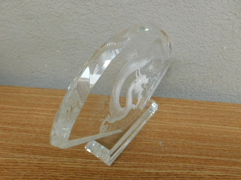 Heavy Engraved Chinese Crystal Dragon Display Decor Glass Crystal Table . - Image 4 of 4