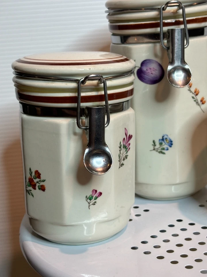 Juego de 3 botes de sellado de cerámica con bloqueo tarros de café para galletas patrón floral de frutas Foto 3 de 4