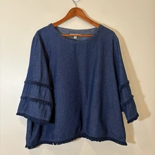 C&C California Womens Denim Top 2x Blue Tiered Sleeves Fringe Lagenlook Boho