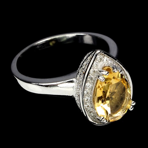 925 Sterling Silver Pear Yellow Citrine 10x7mm Simulated Cz Ring Size 6 - Picture 3 of 10
