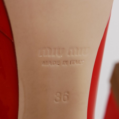 Miu Miu Women Red Pumps Patent Leather Peep Toe Block High Heel Shoes Size EU 36 - Picture 6 of 7