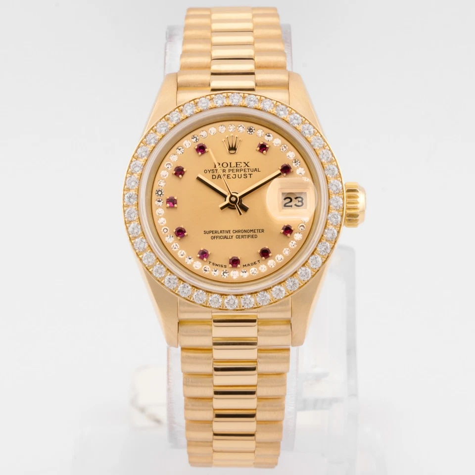 Rolex Lady-Datejust 26 69138, oro amarillo, cadena champán esfera diamante rubí... Foto 3 de 4