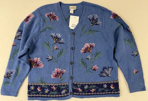 Coldwater Creek 2X Sweater Cardigan Floral Crochet Edging Blue Cottage Granny