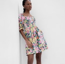 Gap Puff Sleeve Linen Floral Mini Dress Size S Spring Floral Colorful Cottage