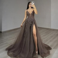 A-Line V-Neck Side Split Prom Dresses Sleeveless Appliques Formal Evening Gowns