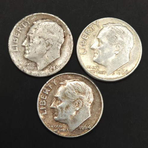 Lot of 3 Silver Roosevelt Dimes – 1948 S + (2) 1964 D – 90% Silver AU XF BU Mix