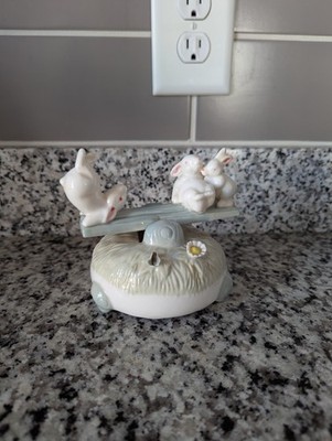 Vintage Ceramic Bunny Rabbit Music Box With Moving Seesaw