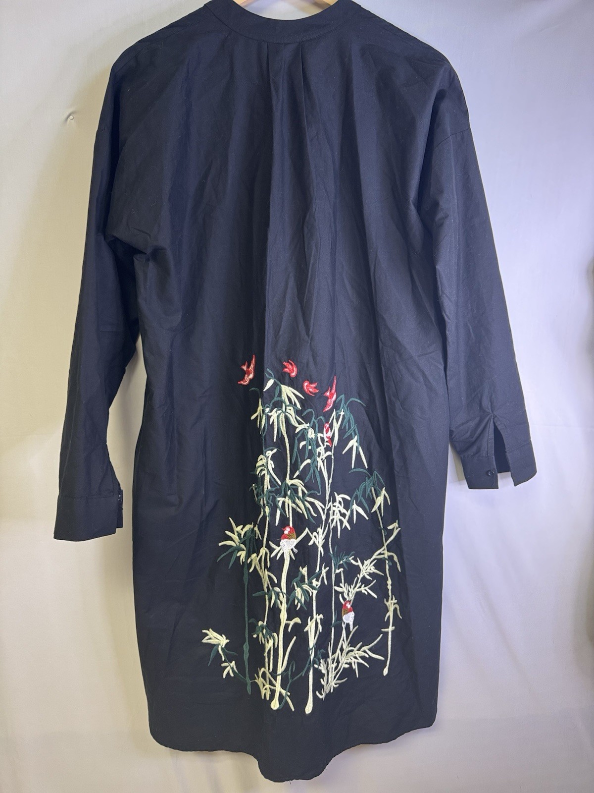 Refka Bamboo Midi Shirt Dress Black Embroidered Bird Lagenlook Size 6